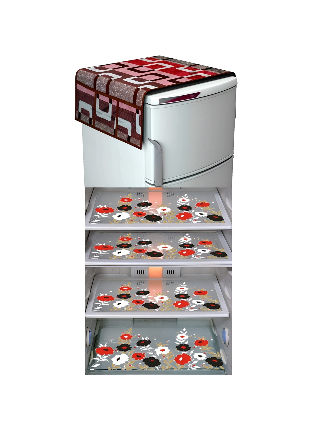 

LooMantha Maroon & Black 5 Pieces Printed Fridge Cover With Side Storage & Fridge Mats