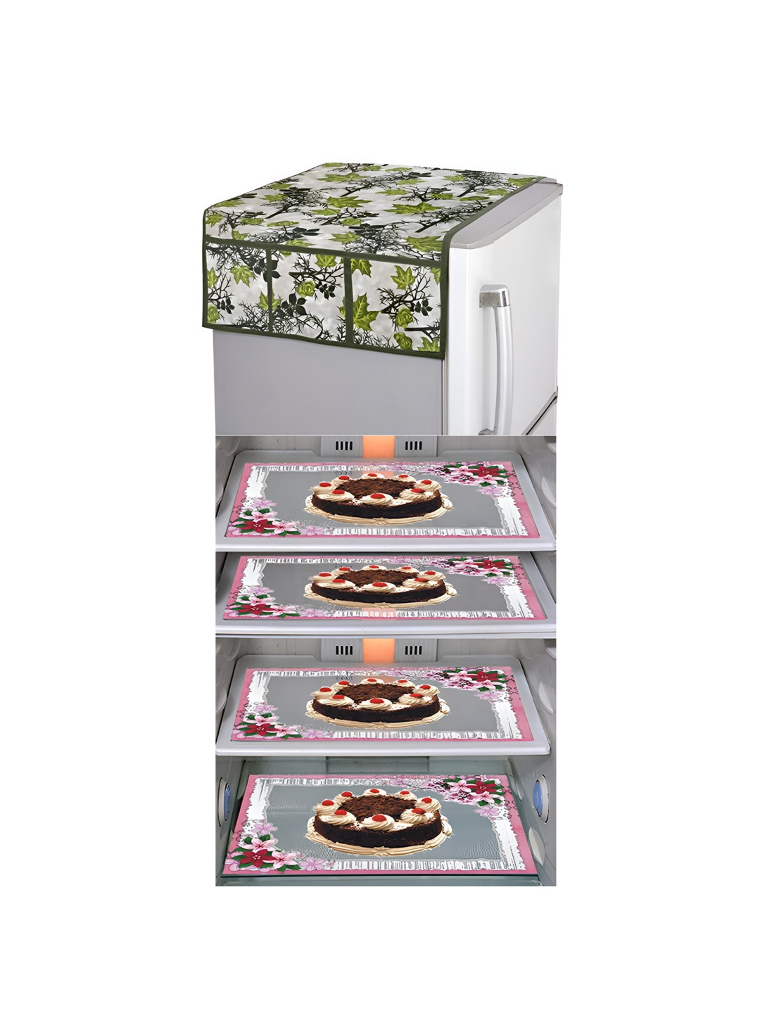 

LooMantha Green & Brown 5 Pieces Printed Fridge Cover With Side Storage & Fridge Mats
