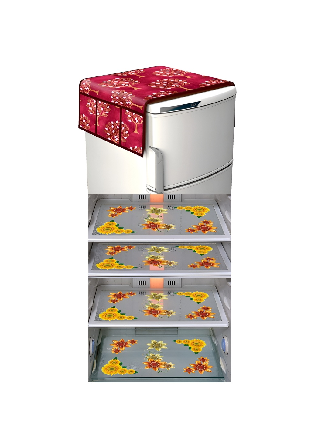 

LooMantha Red & Yellow 5 Pieces Floral Printed Fridge Mat & Top Covers