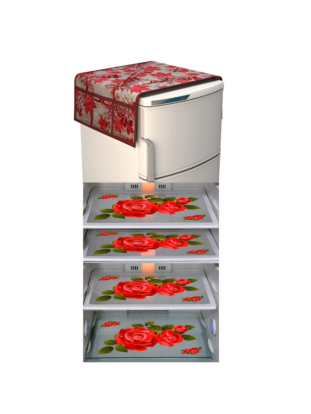 

LooMantha Maroon & Red 5 Pieces Printed Fridge Cover With Side Storage & Fridge Mats