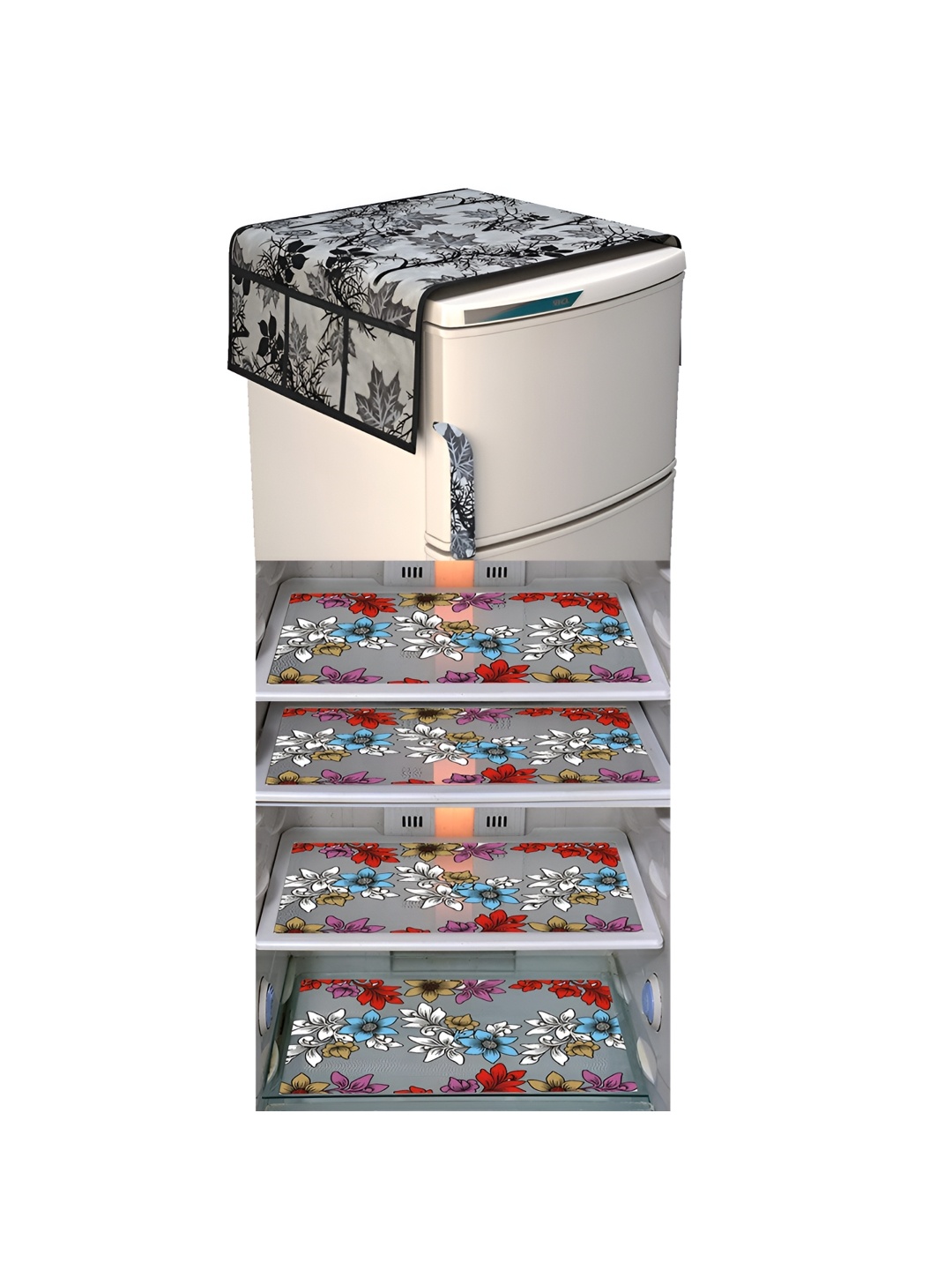 

LooMantha Black & Blue 5 Pieces Floral Printed Fridge Mat & Top Covers
