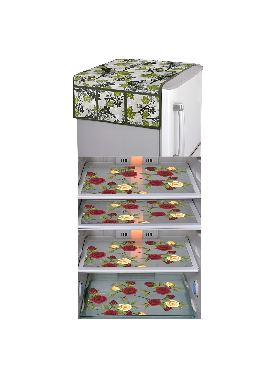 

LooMantha Green & Red 5 Pieces Floral Printed Fridge Mat & Top Covers