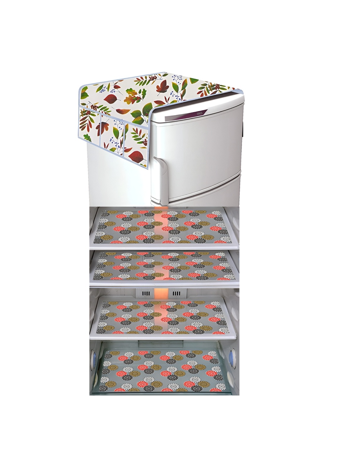 

LooMantha Green & Pink 5 Pieces Floral Printed Fridge Mats & Top Cover