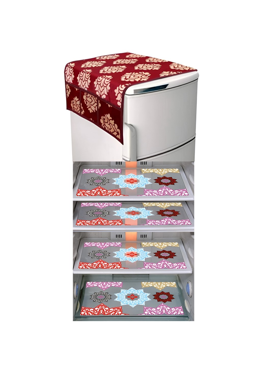 

LooMantha Maroon & Beige 5 Pieces Floral Printed Fridge Mats & Top Cover
