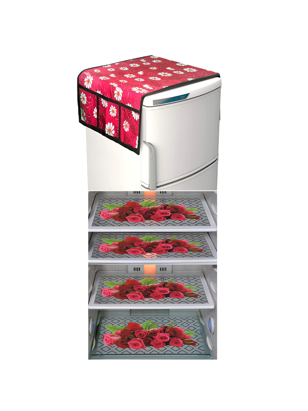 

LooMantha Red & Pink 5 Pieces Floral Printed Fridge Mat and Fridge Top Cover