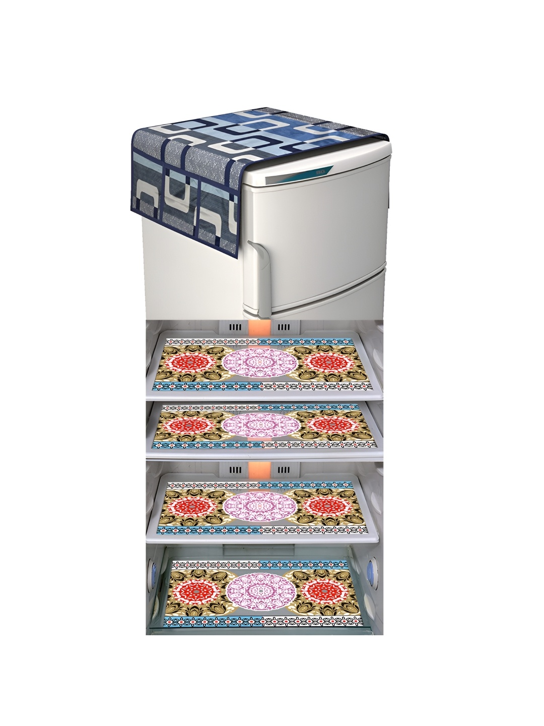 

LooMantha Blue & Pink 5 Pieces Printed Fridge Cover With Side Storage & Fridge Mat