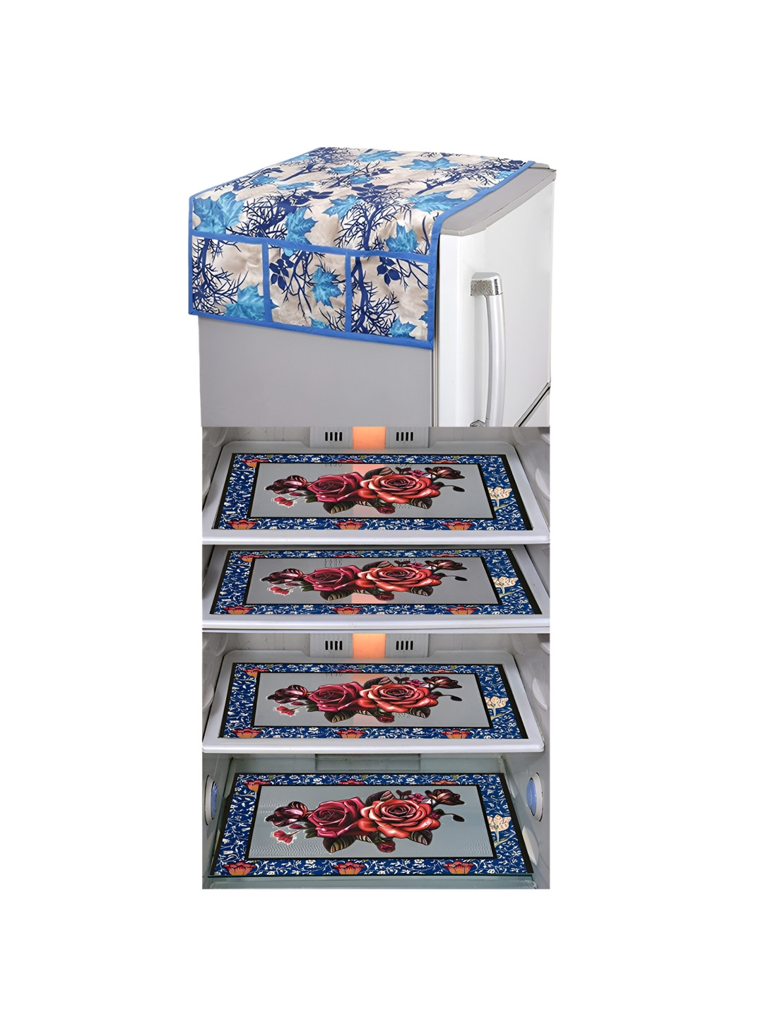 

LooMantha White & Blue 5 Pieces Floral Printed Fridge Mat and Fridge Top Cover