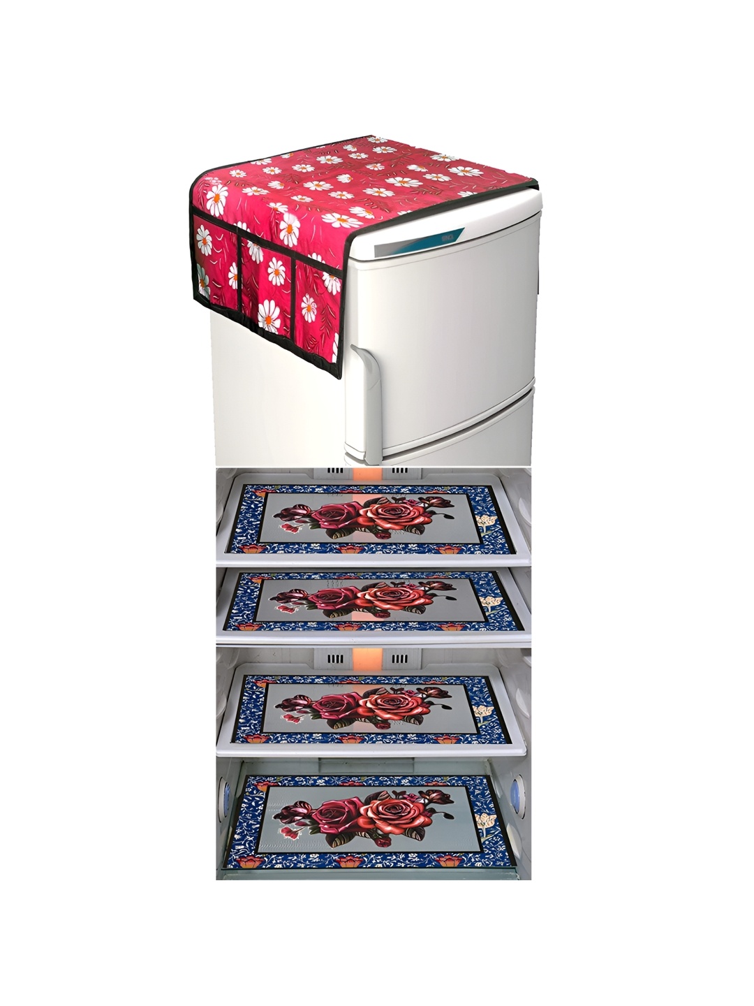 

LooMantha Red & Blue 5 Pieces Floral Printed Fridge Mat and Fridge Top Cover
