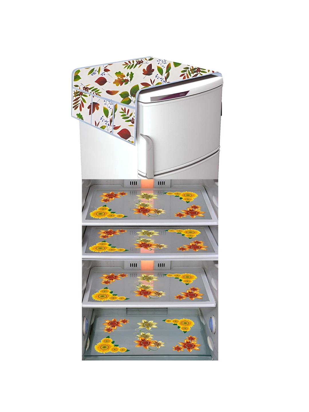 

LooMantha White & Yellow 5 Pieces Floral Printed Fridge Mat and Fridge Top Cover
