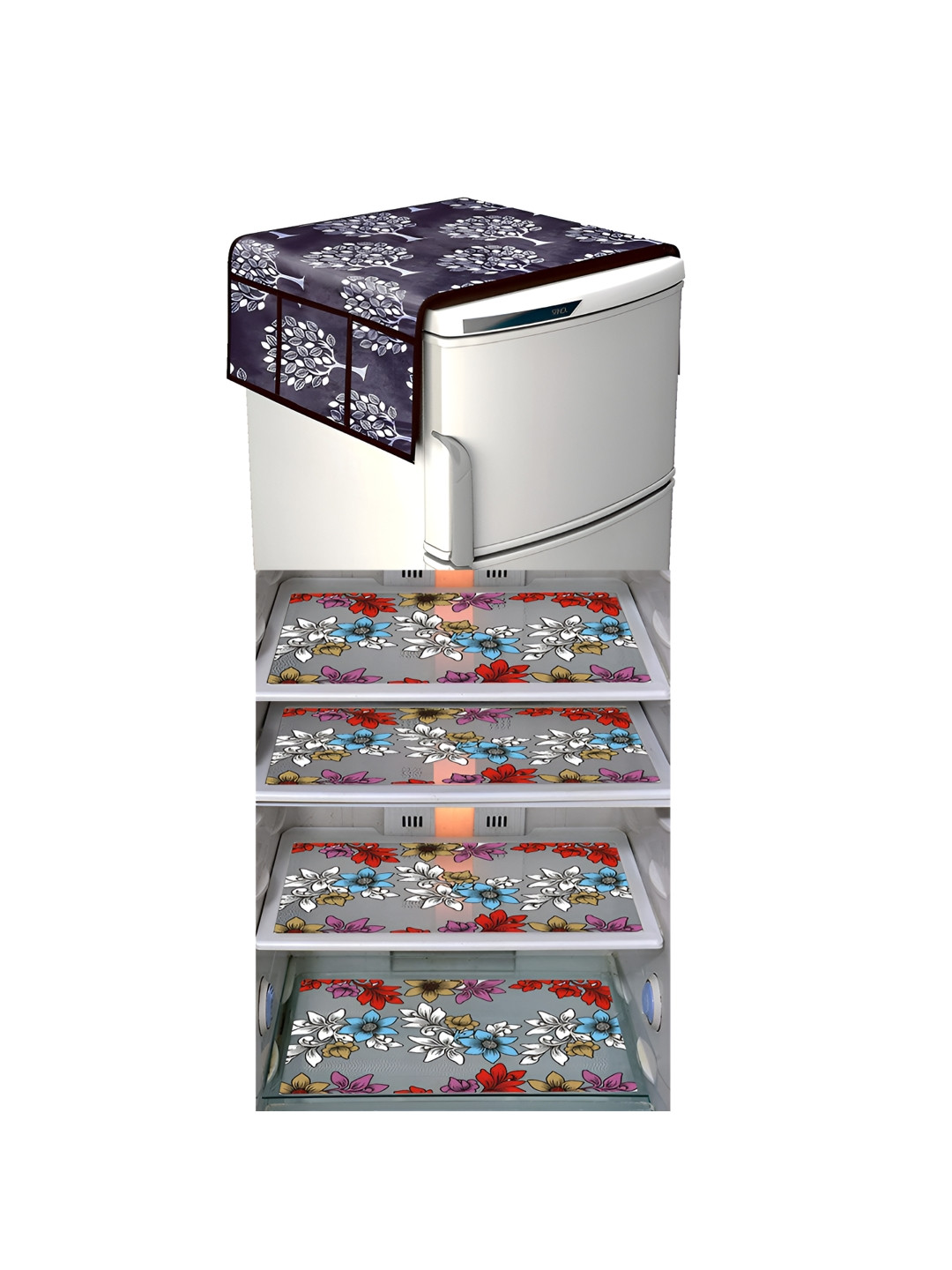 

LooMantha Grey & White 5 Pieces Floral Printed Fridge Mat and Fridge Top Cover