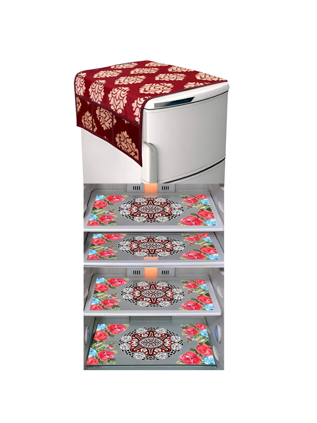 

LooMantha Maroon & Beige 5 Pieces Floral Printed Fridge Mat & Top Cover, Pink