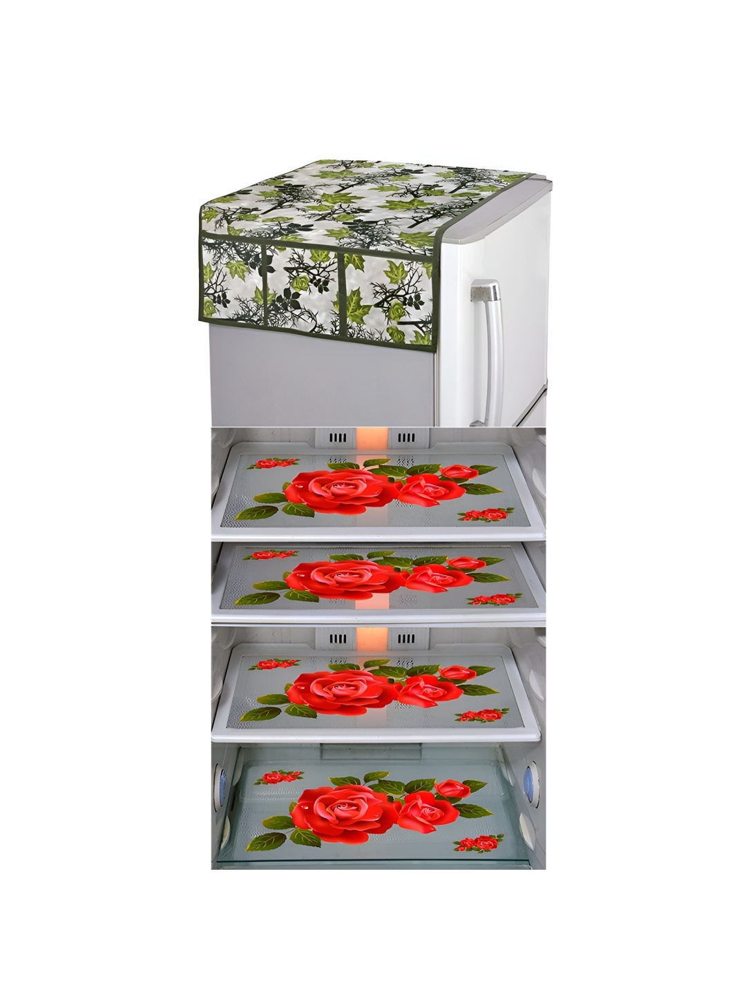 

LooMantha White & Green 5 Pieces Printed Fridge Appliance covers Set