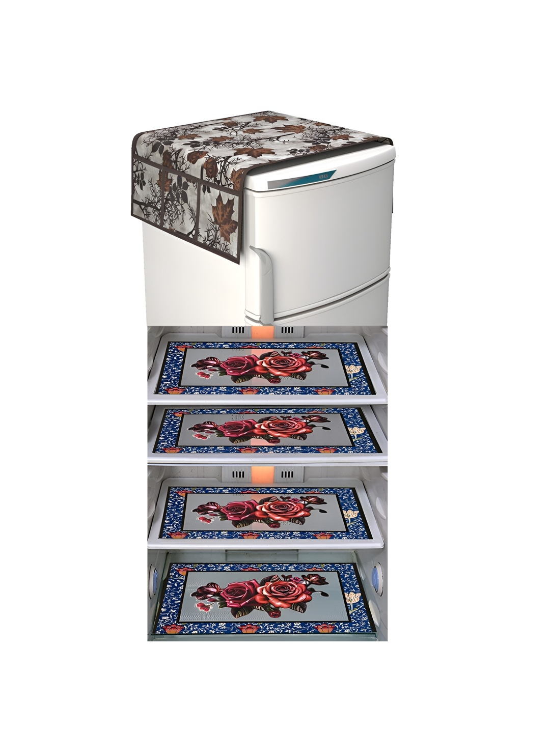 

LooMantha Red & Blue 5 Pieces Floral Printed Fridge Mats & Top Cover