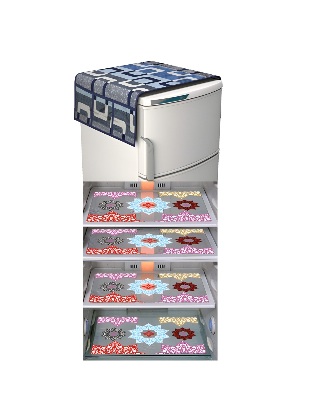 

LooMantha Grey & Peach 5 Pieces Floral Printed Fridge Mat and Fridge Top Cover