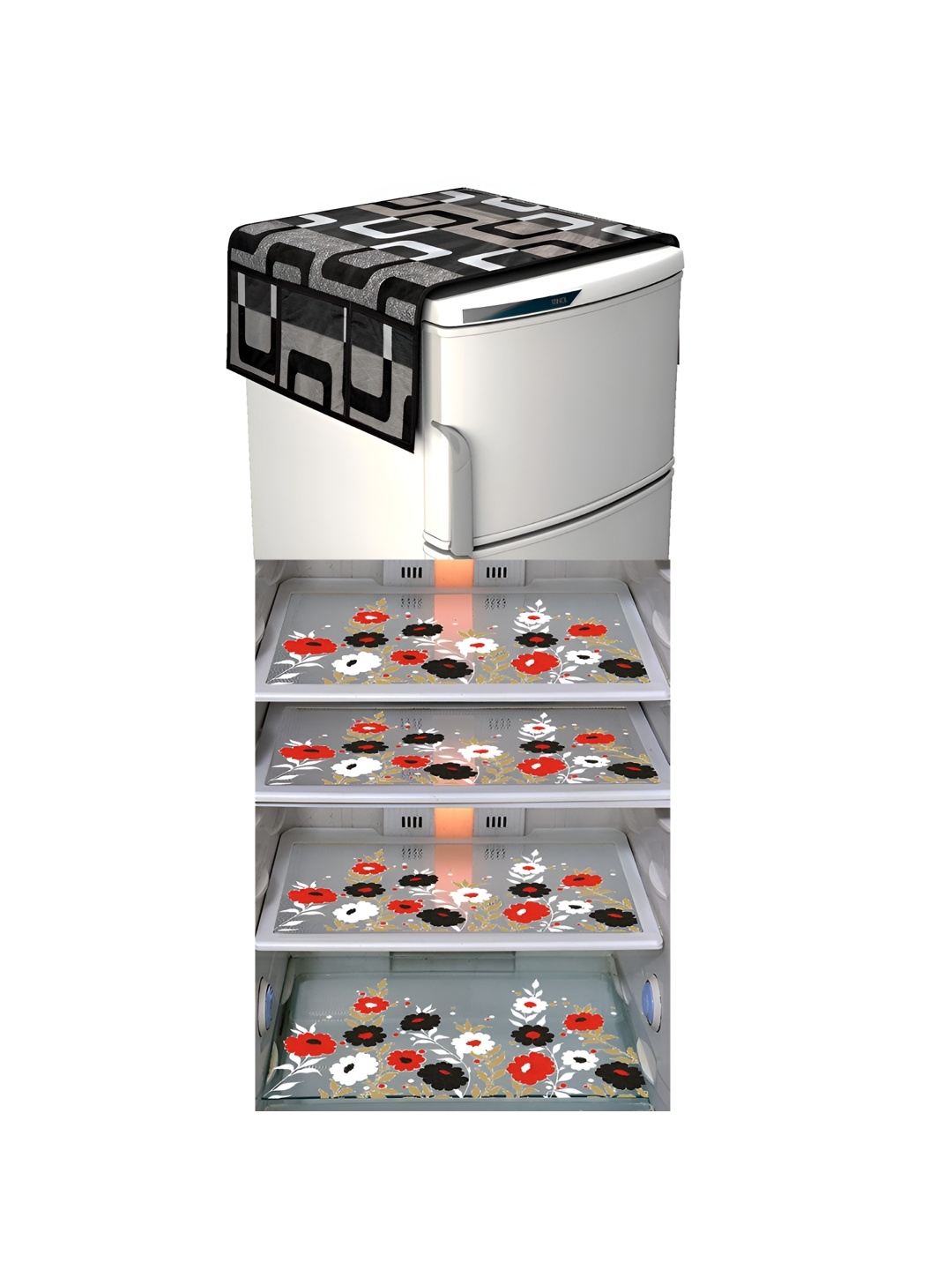 

LooMantha Red & Black 5 Pieces Floral Printed Fridge Mat & Fridge Top Cover