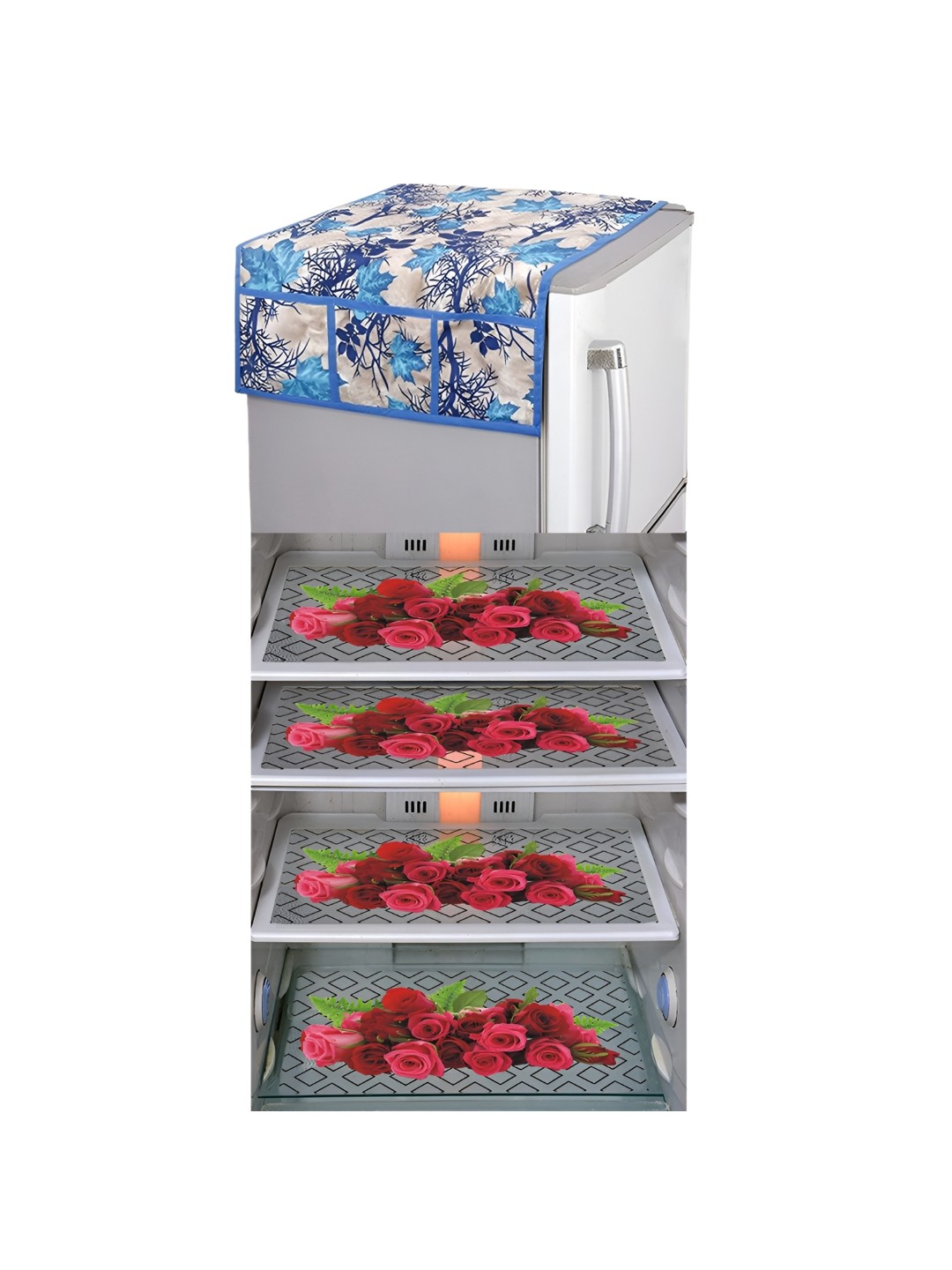 

LooMantha Blue & White 5 Pieces Floral Printed Fridge Mat & Fridge Top Cover