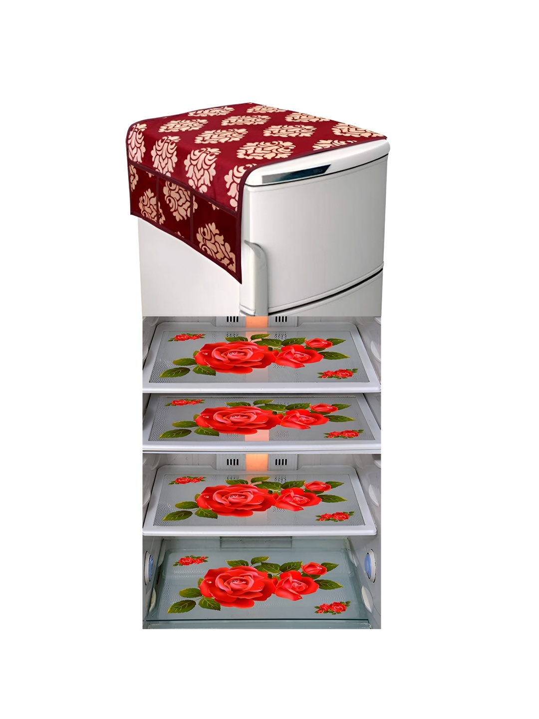 

LooMantha Red & Green 5 Pieces Printed Fridge Top Cover & Fridge Mat