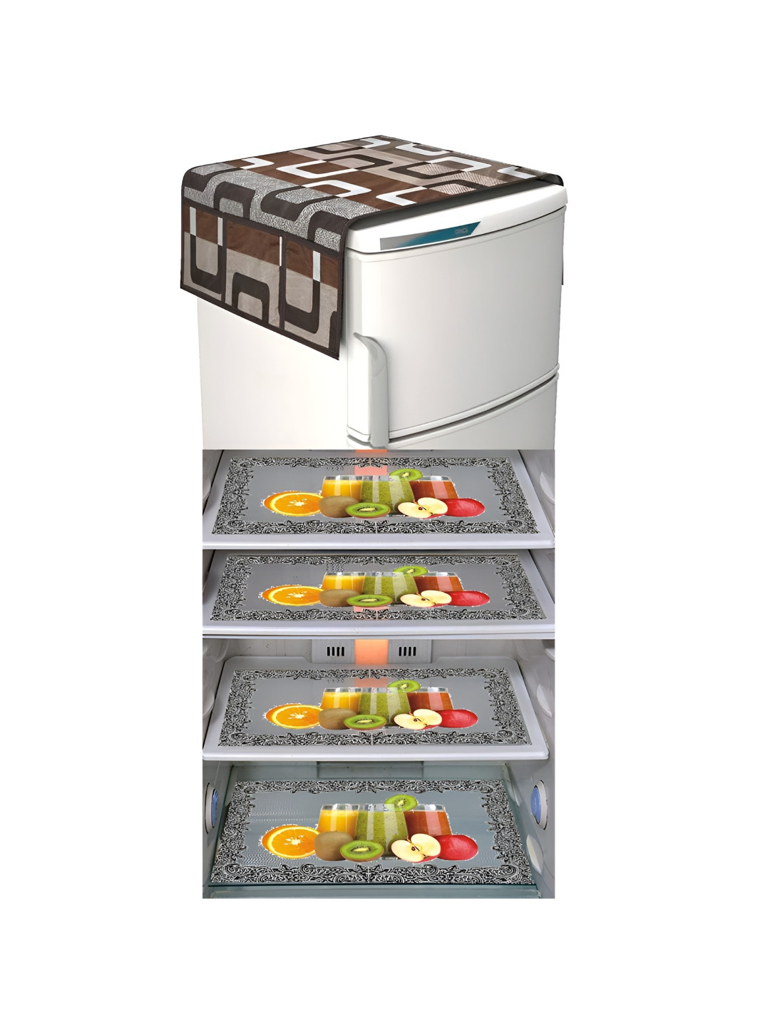 

LooMantha Black & Brown 5 Pieces Printed Fridge Top Cover & Fridge Mats