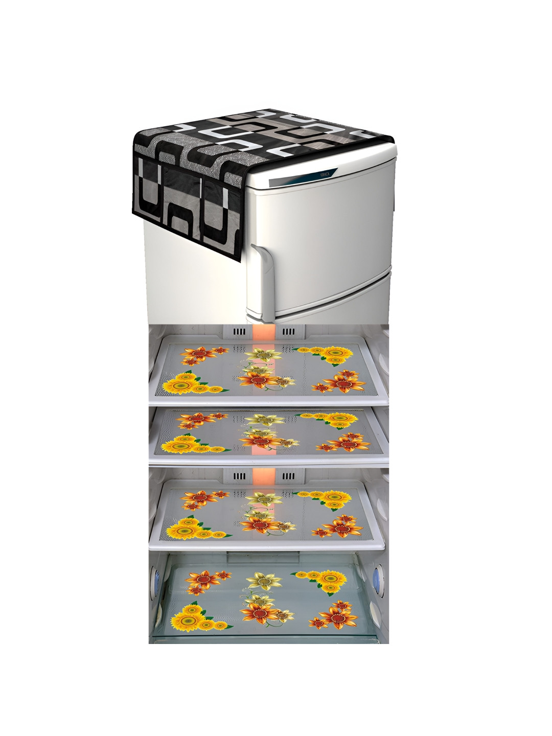 

LooMantha Red & Yellow 5 Pieces Floral Printed Fridge Mats & Top Covers