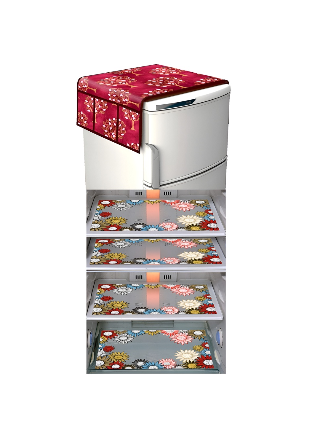 

LooMantha Red & Transparent 5 Pieces Printed Fridge Mats & Top Covers