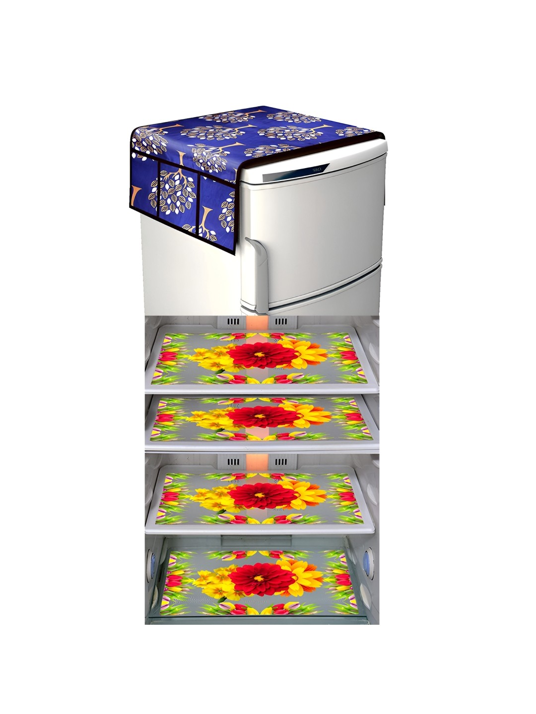 

LooMantha Red & Yellow 5 Pieces Floral Printed Fridge Mat & Fridge Top Covers