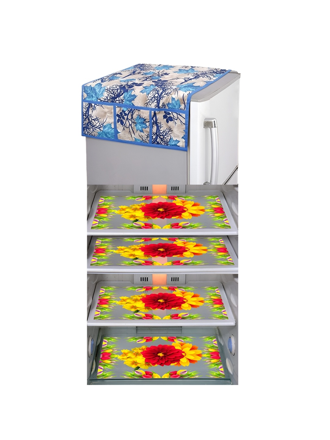 

LooMantha Red & Yellow 5 Pieces Printed Fridge Top Cover & Fridge Mats