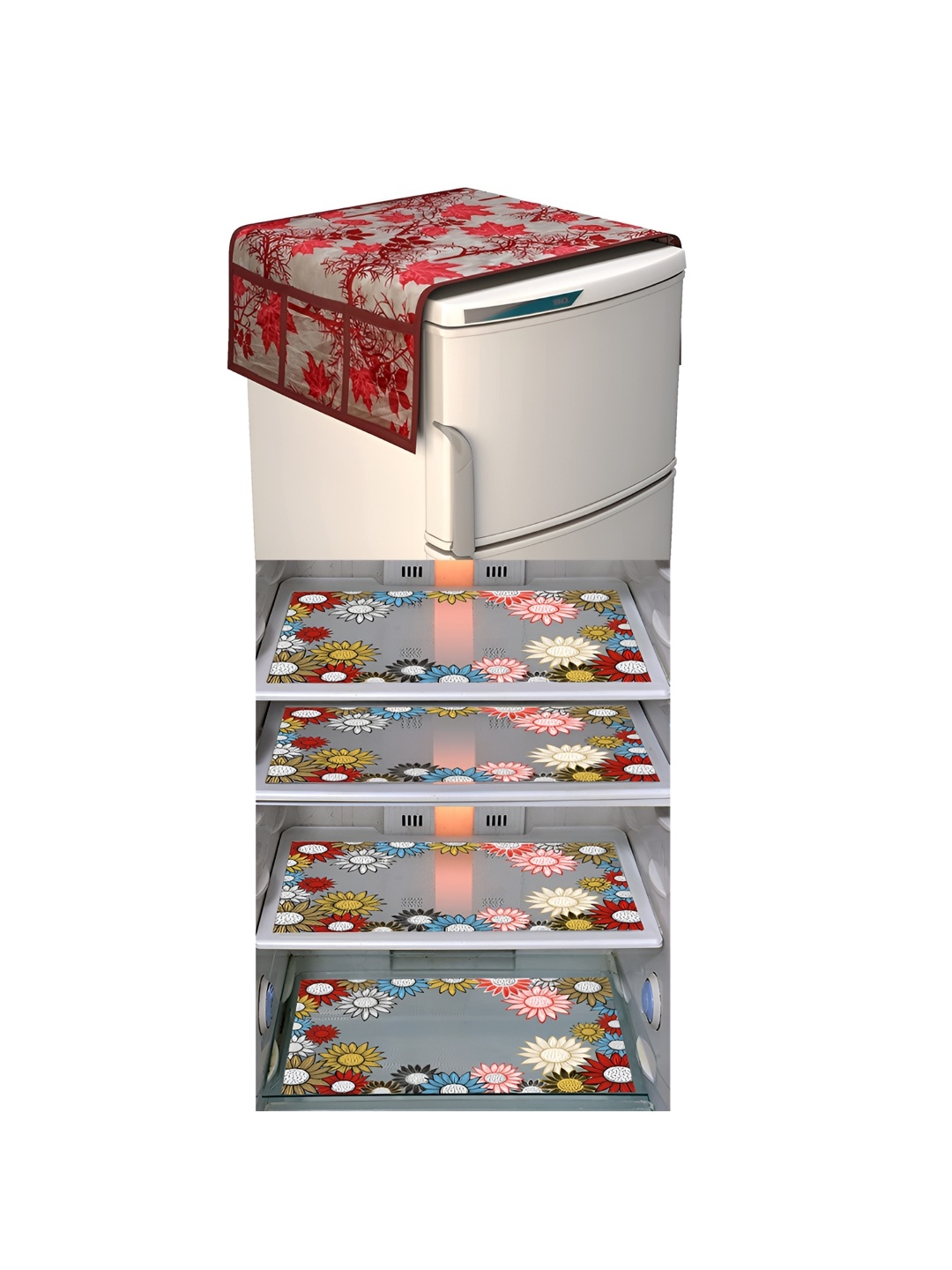 

LooMantha Grey & Red 5 Pieces Printed Fridge Appliance covers Set
