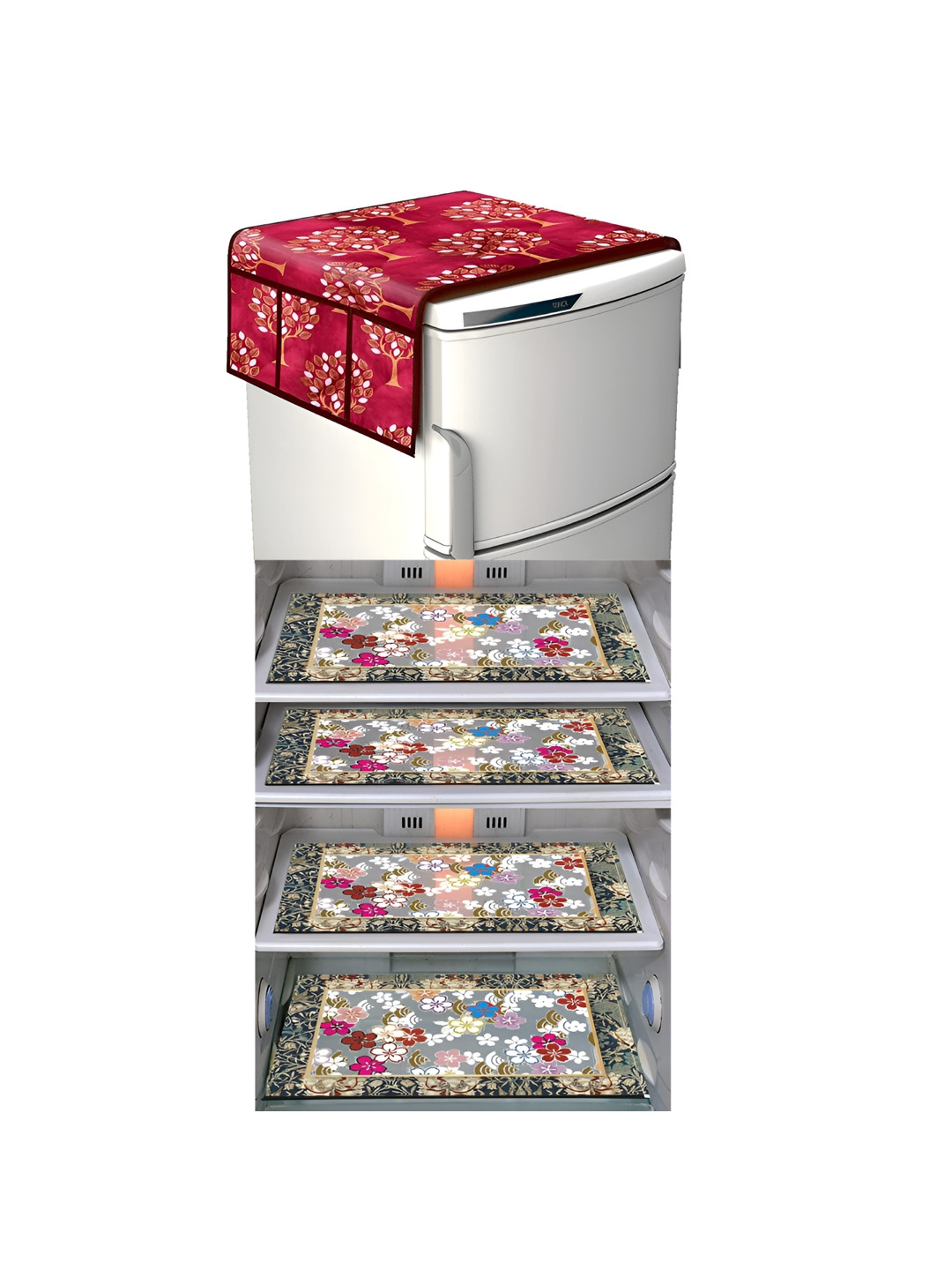 

LooMantha Red & White 5 Pieces Floral Printed Fridge Mat and Fridge Top Covers
