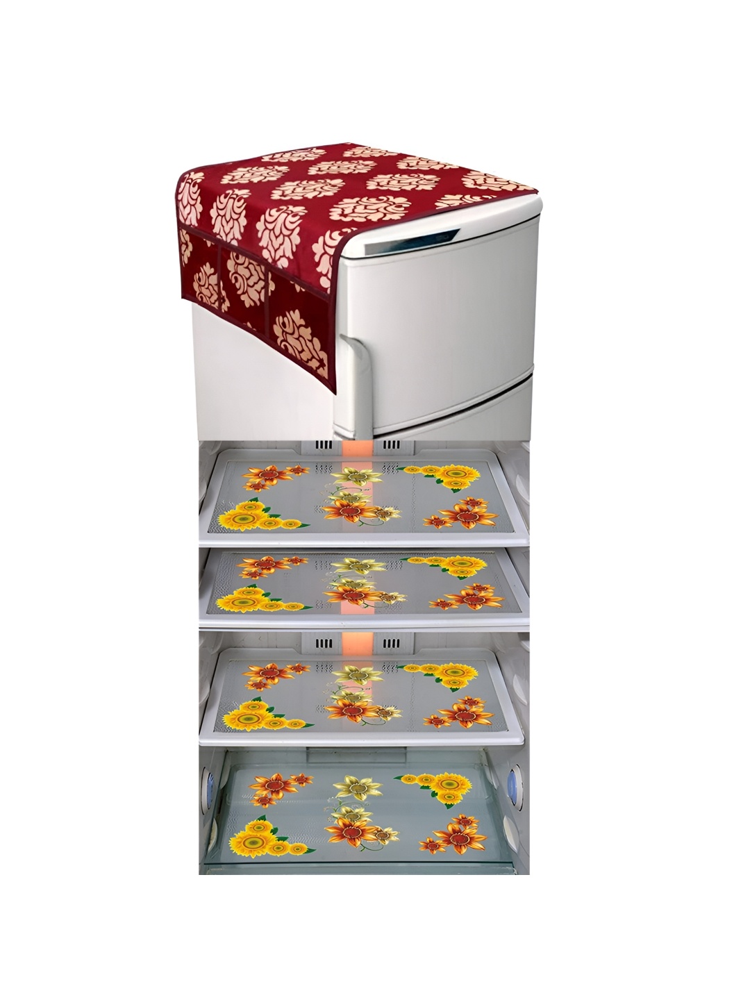

LooMantha Red & White 5 Pieces Printed Fridge Top Cover & Fridge Mats