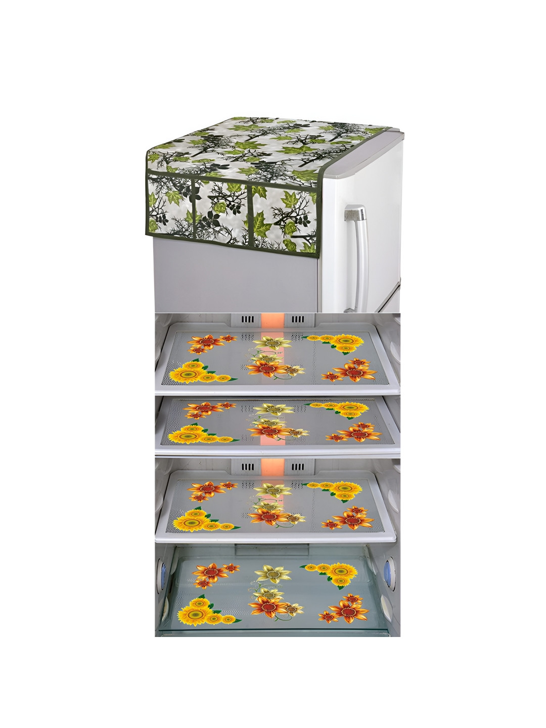 

LooMantha Red & Yellow 5 Pieces Floral Printed Fridge Mats & Top Covers