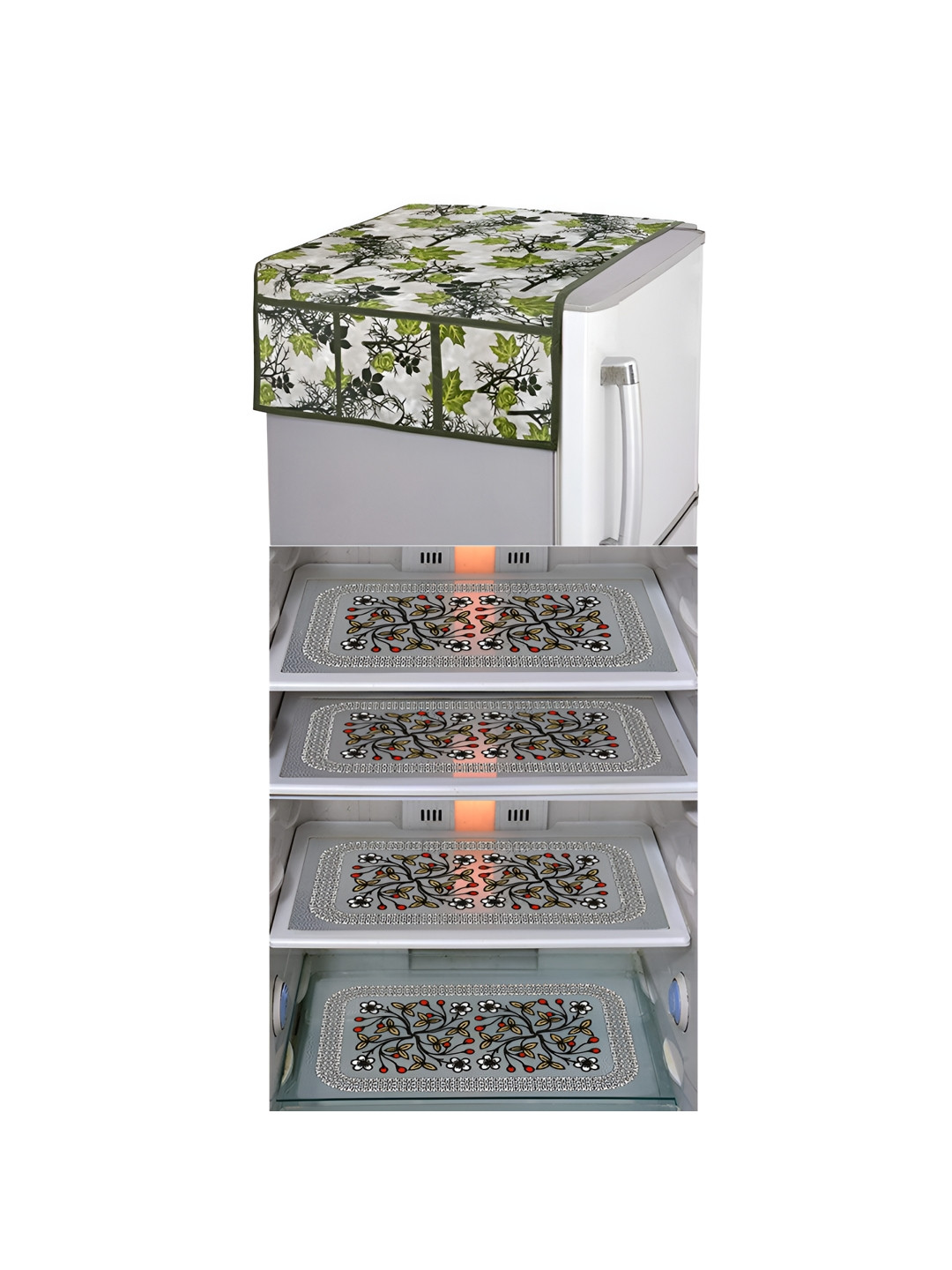 

LooMantha Green & Red 5 Pieces Printed Fridge Cover With Side Storage & Fridge Mat