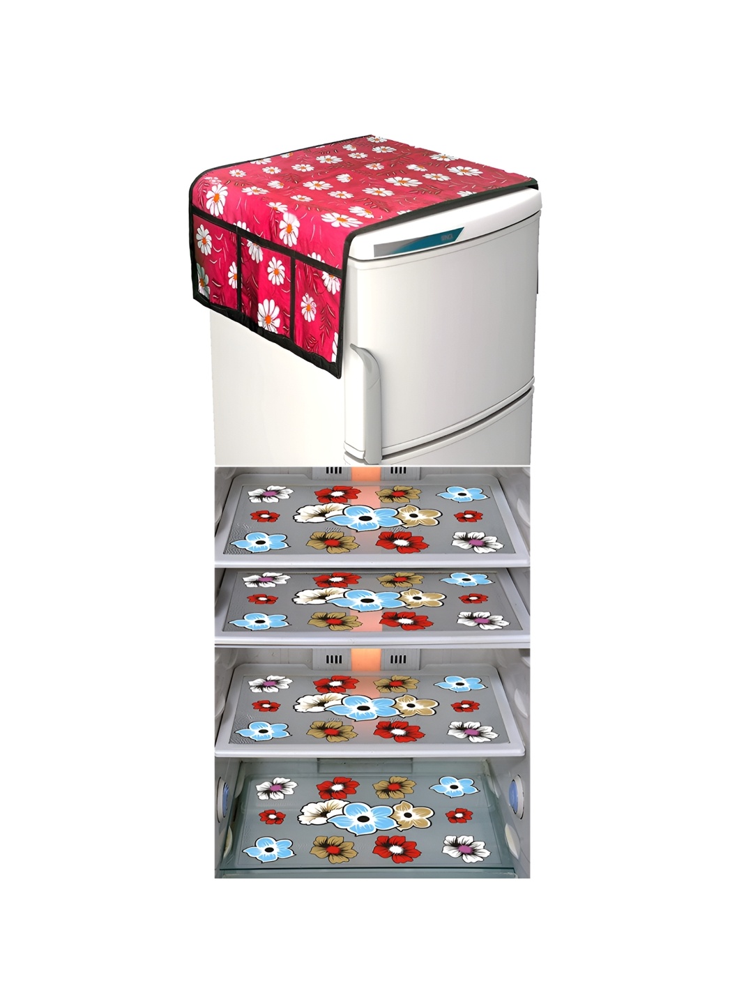 

LooMantha Red & Blue 5 Pieces Floral Printed Fridge Mats & Top Cover