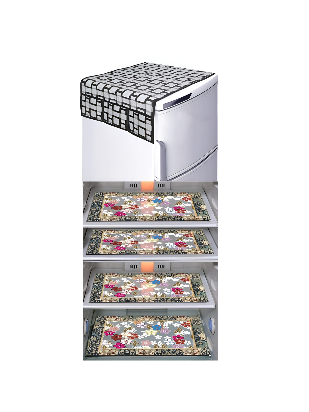 

LooMantha Grey & Black 5 Pieces Printed Fridge Top Cover & Fridge Mat