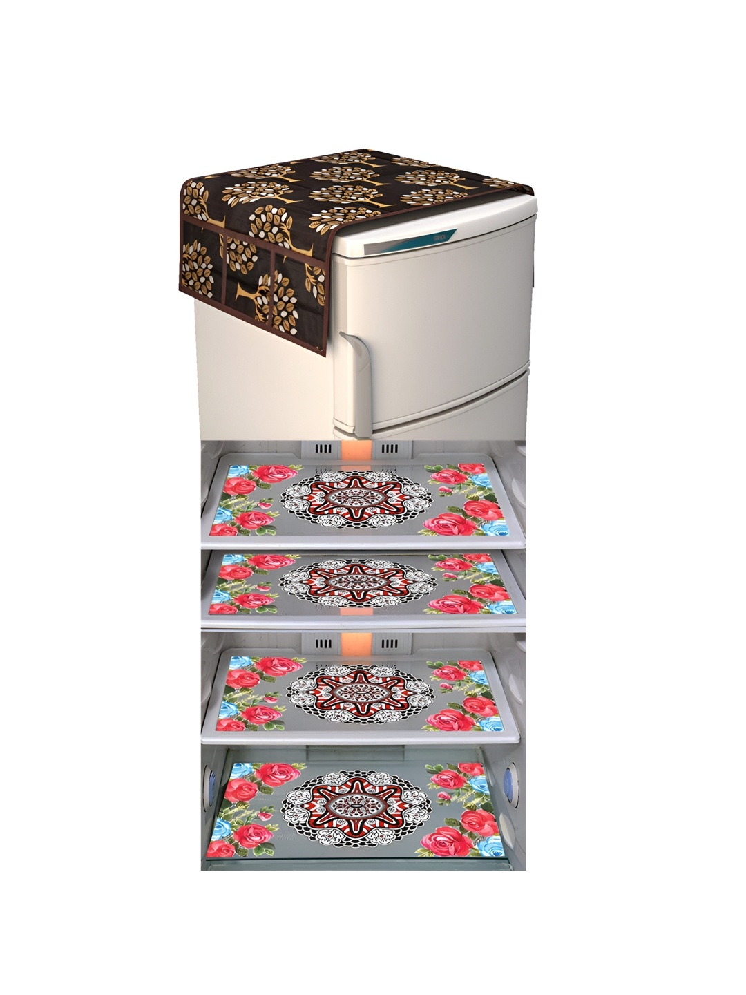 

LooMantha White & Brown 5 Pieces Printed Fridge Top Cover & Fridge Mats