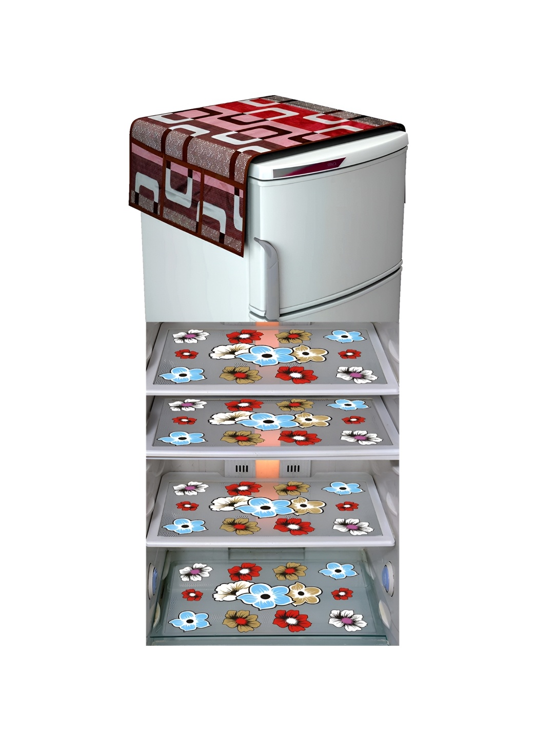 

LooMantha Maroon & Blue 5 Pieces Printed Fridge Top Cover & Fridge Mat
