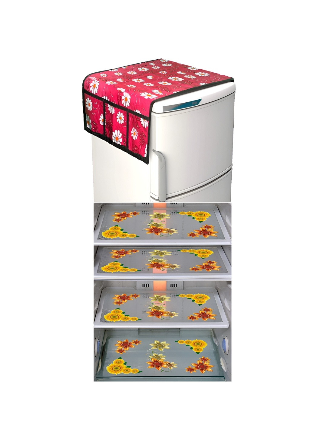 

LooMantha Red & Yellow 5 Pieces Floral Printed Fridge Mats & Top Cover