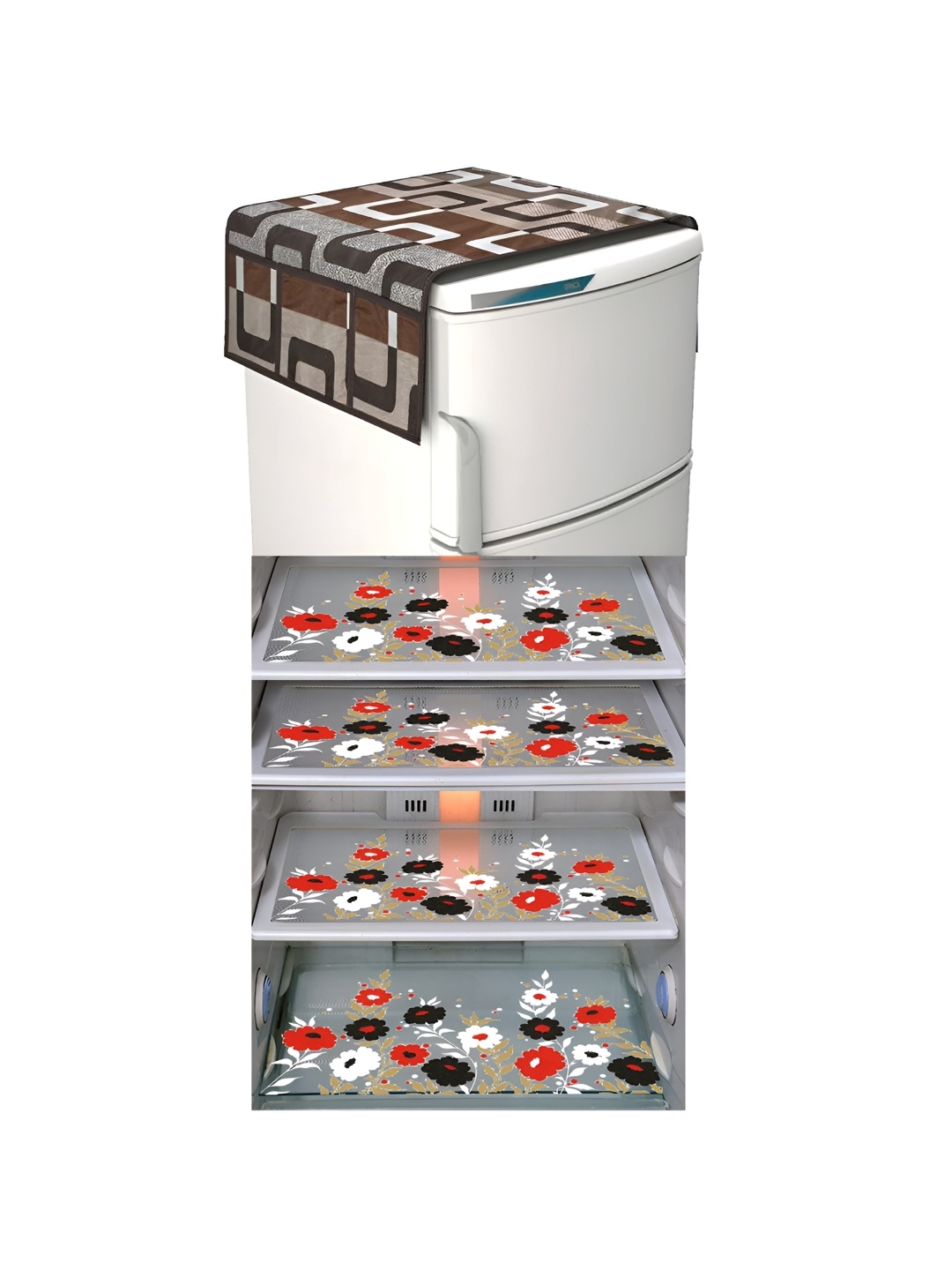 

LooMantha Brown & Black 5 Pieces Printed Refrigerator Cover & Mat