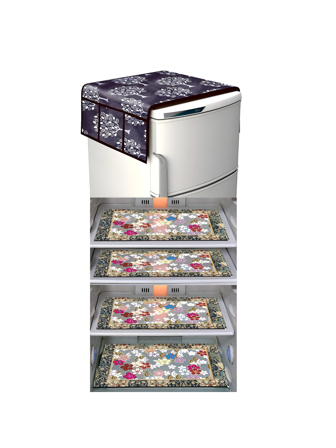 

LooMantha Grey & White 5 Pieces Floral Printed Fridge Mats & Top Cover