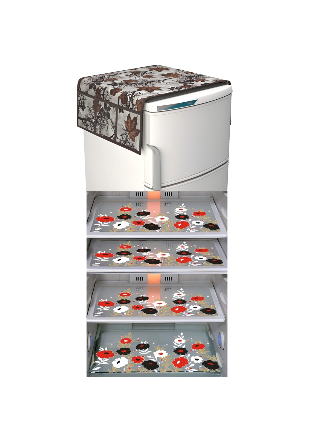 

LooMantha Grey & Brown 5 Pieces Floral Printed Fridge Mats & Top Cover