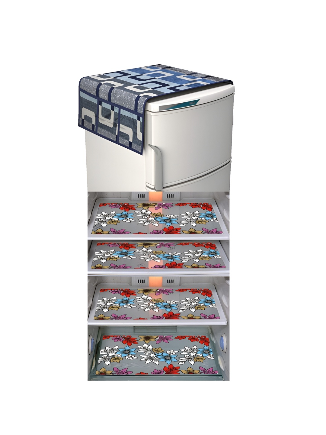 

LooMantha Blue & Grey 5 Pieces Floral Printed Fridge Mats & Top Cover