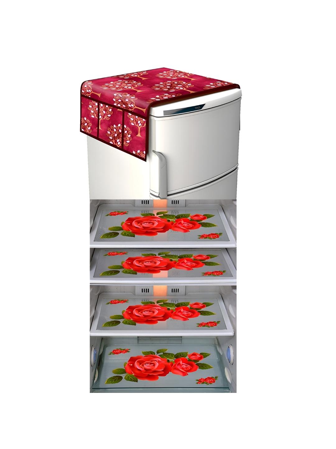 

LooMantha Beige & Red 5 Pieces Printed Fridge Top Cover & Fridge Mat