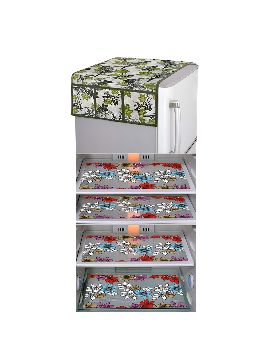 

LooMantha White & Green 5 Pieces Floral Printed Fridge Mats & Top Cover