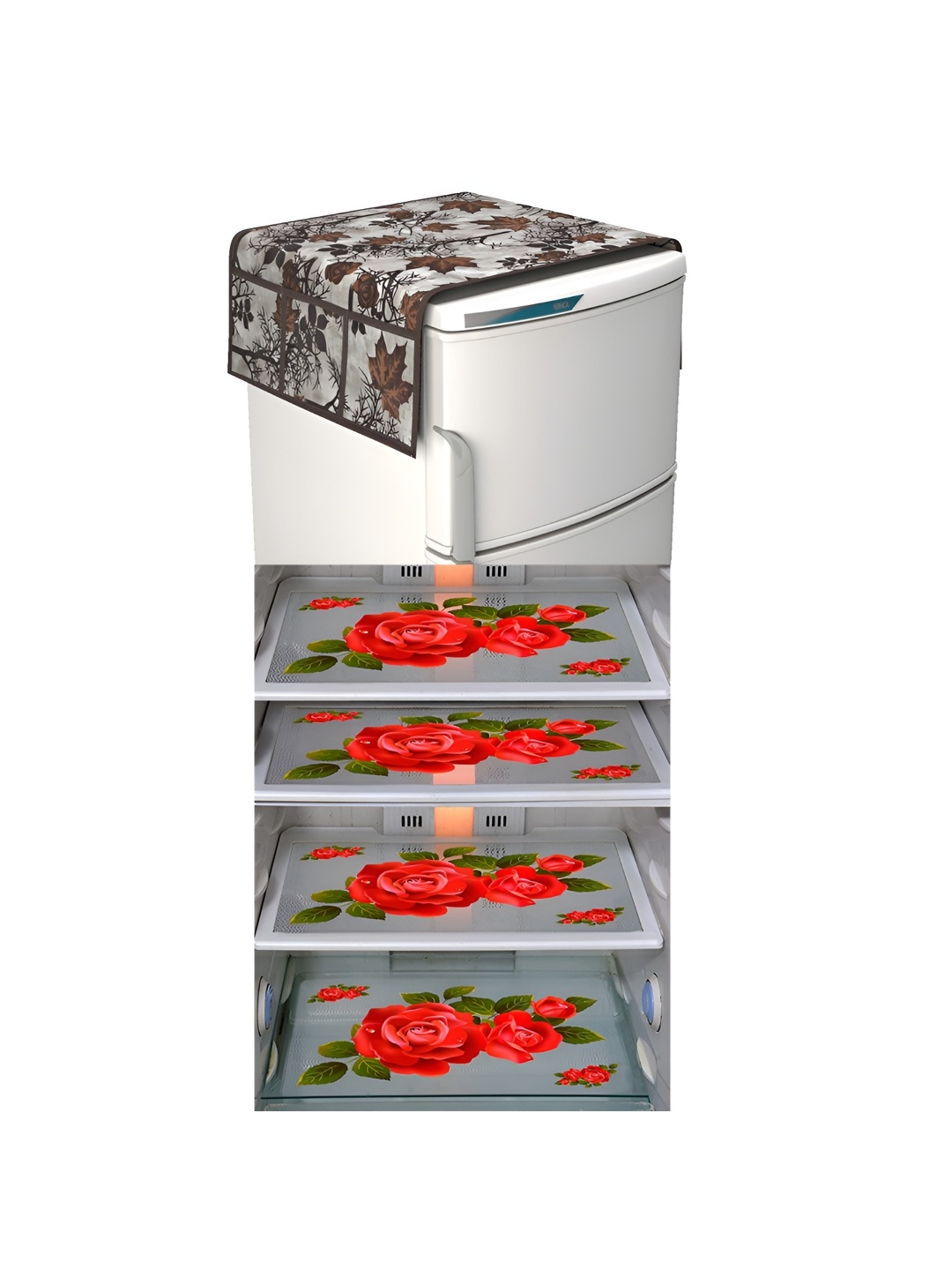 

LooMantha Grey & Red 5 Pieces Floral Printed Fridge Mats & Top Cover