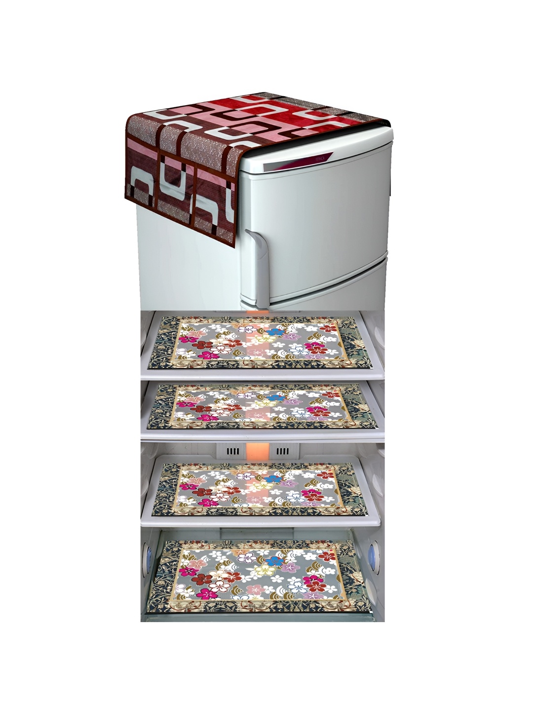 

LooMantha Brown & White 5 Pieces Floral Printed Fridge Mats & Top Cover