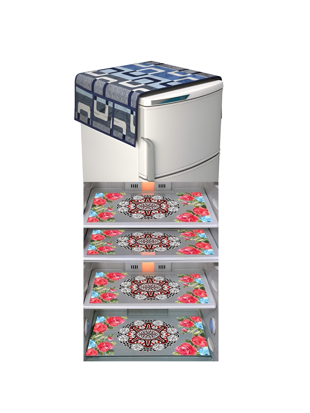 

LooMantha Red & Blue 5 Pieces Floral Printed Fridge Mats & Top Cover