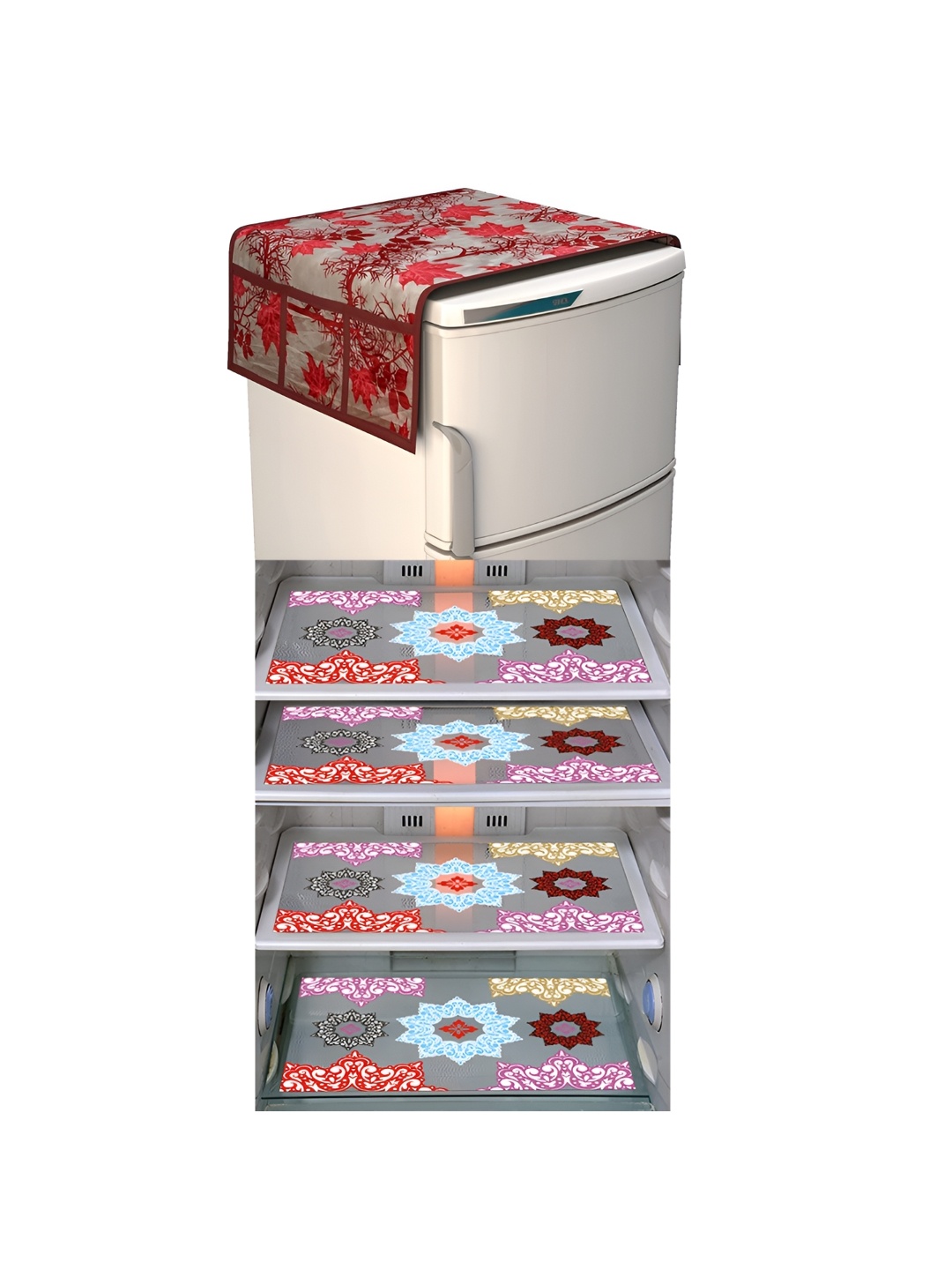

LooMantha Grey & Brown 5 Pieces Floral Printed Fridge Mats & Top Cover