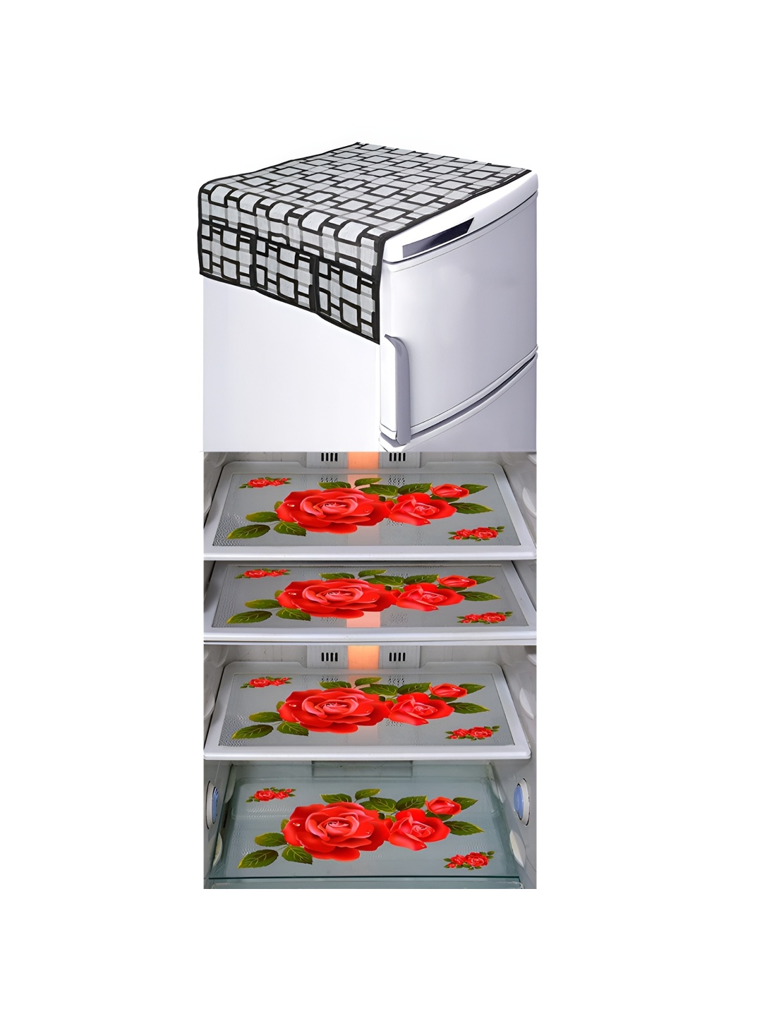 

LooMantha White & Red 5 Pieces Floral Printed Fridge Mats & Top Cover