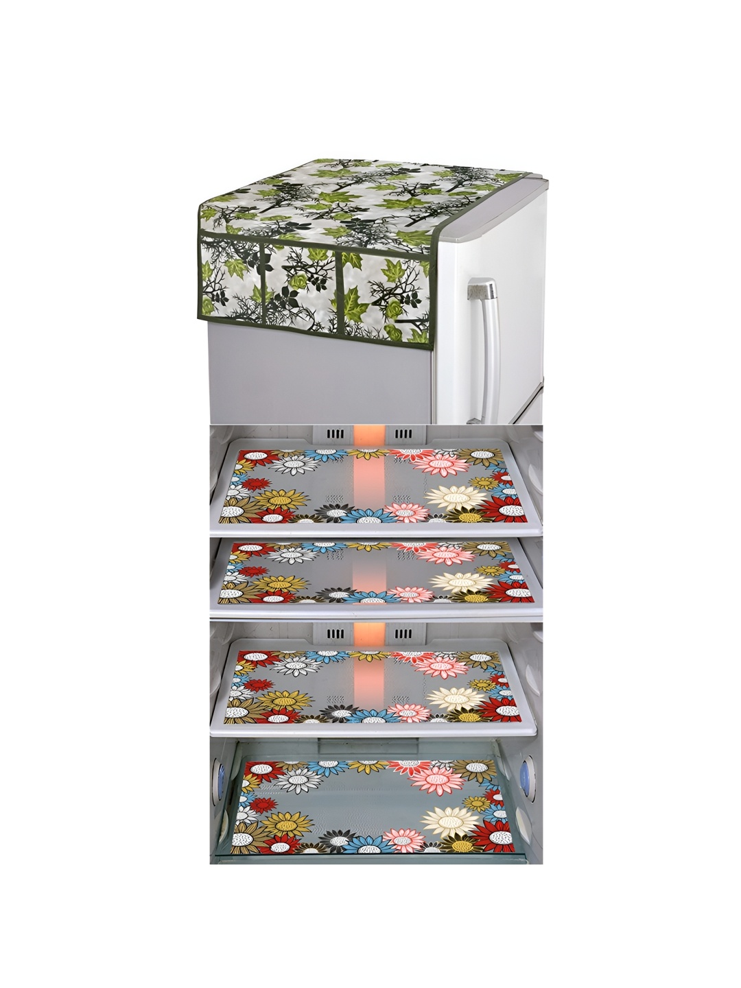 

LooMantha Grey & Green 5 Pieces Floral Printed Fridge Mats & Top Cover