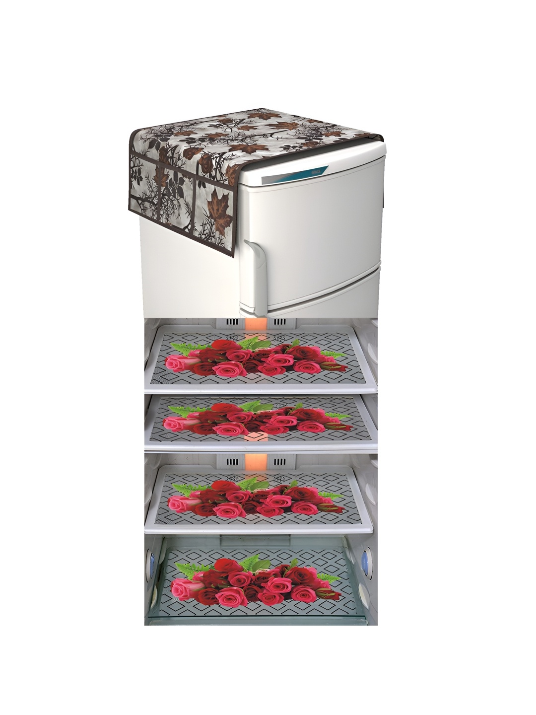

LooMantha Brown & Red 5 Pieces Floral Printed Fridge Mats & Top Cover