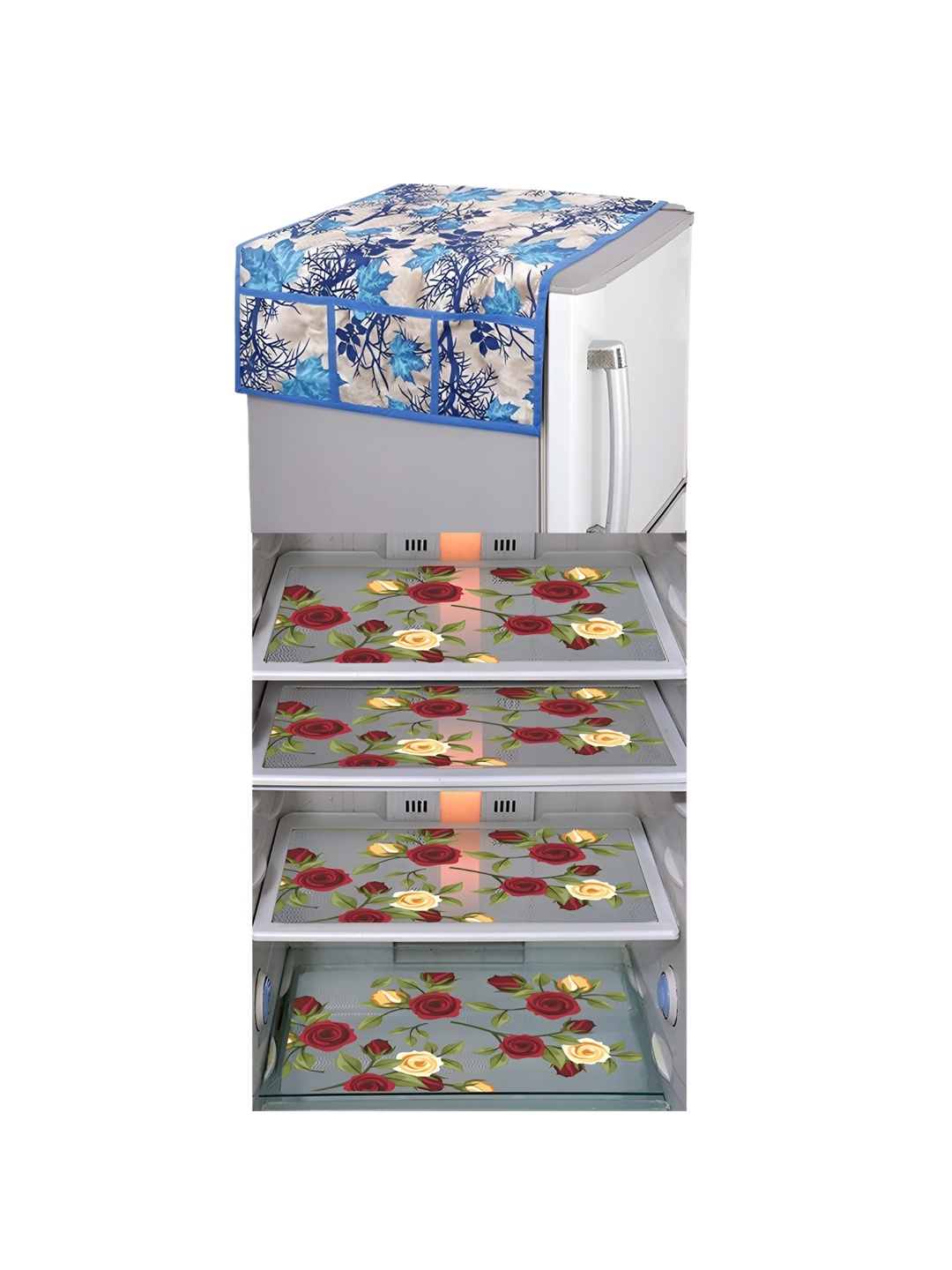 

LooMantha Blue & Green 5 Pieces Floral Printed Fridge Mats & Top Cover